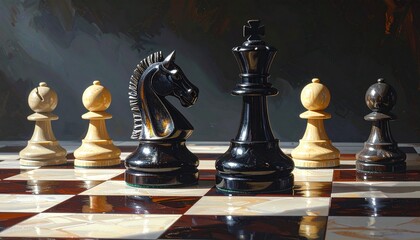 Dramatic chessboard scene with golden and black chess pieces under cinematic lighting, strategic atmosphere, high contrast, shallow depth of field, intense and elegant mood