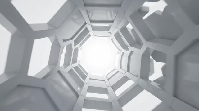 Endless white tunnel of interlocking geometric hexagonal shapes receding into a bright infinite blank void with subtle camera drift geometric, loop, infinite