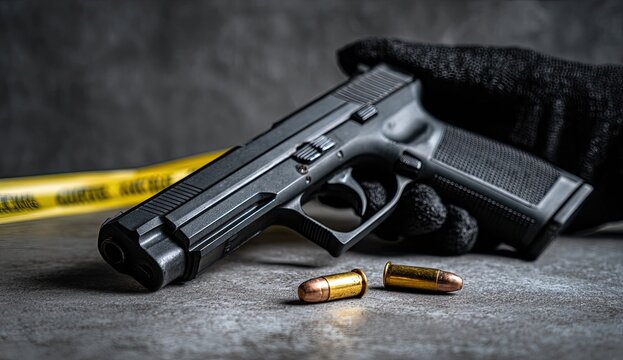 Gloved hand holds firearm with bullets and yellow tape on textured surface