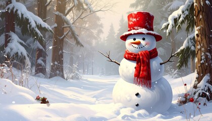 Cheerful snowman wearing red hat and scarf in snowy winter forest, soft sunlight, magical holiday atmosphere, detailed winter scene, festive and cozy mood