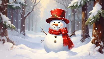 Cheerful snowman wearing red hat and scarf in snowy winter forest, soft sunlight, magical holiday atmosphere, detailed winter scene, festive and cozy mood