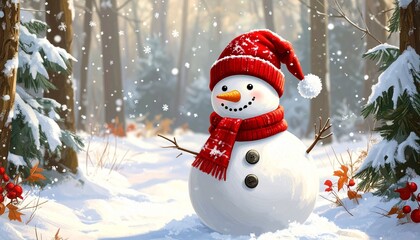 Cheerful snowman wearing red hat and scarf in snowy winter forest, soft sunlight, magical holiday atmosphere, detailed winter scene, festive and cozy mood