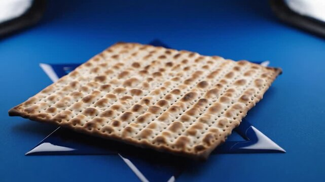 Square unleavened bread rests on a blue surface with a six-pointed star