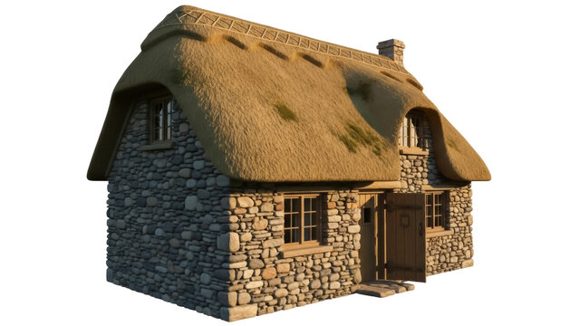 Charming stone cottage with thatched roof isolated PNG, quaint rural house on transparent background, fairytale architecture