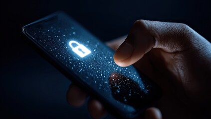 Finger touches illuminated lock icon on smartphone screen in darkness