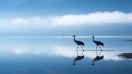 Naklejka premium Two sandhill cranes walk silently across a mirror smooth lake under a vast blue sky