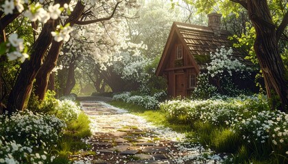 Fototapeta premium Hidden cottage in spring apple blossom fantasy forest