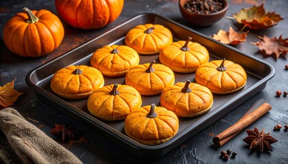 Halloween pumpkin-shaped cookies with carved jack-o&rsquo;-lantern faces on dark baking tray, warm autumn lighting, festive spooky mood, detailed food photography, cozy fall vibes