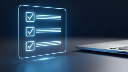 Digital checklist with glowing blue icons representing task completion and online forms
