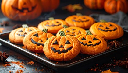 Halloween pumpkin-shaped cookies with carved jack-o&rsquo;-lantern faces on dark baking tray, warm autumn lighting, festive spooky mood, detailed food photography, cozy fall vibes