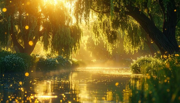 Fantasy spring willow forest with glowing golden pollen particles