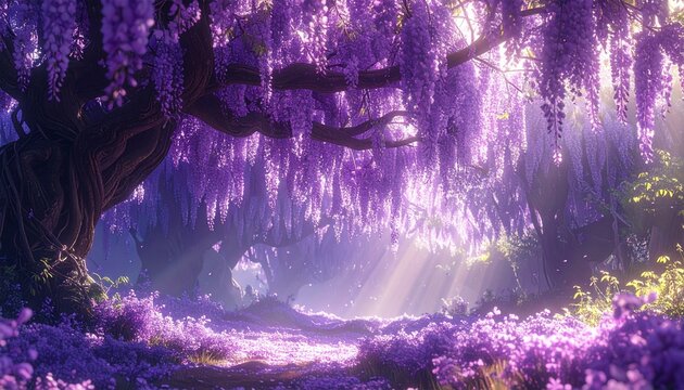 Magical spring grove with hanging purple wisteria and vines
