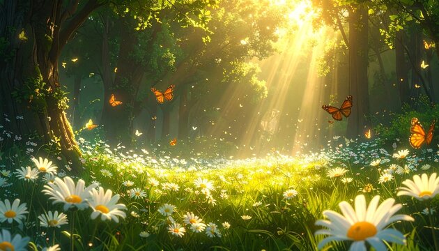 Enchanted forest meadow with giant daisies and colorful butterflies