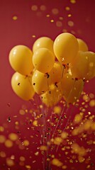Yellow balloons float amidst gold confetti, against red