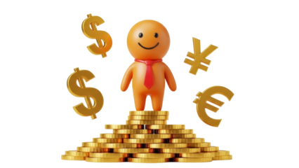Smiling orange character standing on gold coins isolated PNG, with dollar, euro, and yen symbols for finance and investment