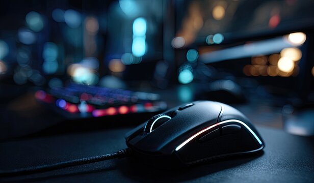 A sleek black gaming mouse glows with subtle red and white LED accents