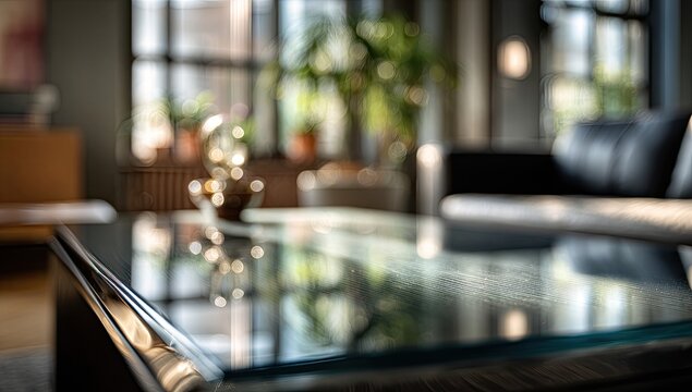 Cozy living room with a glass coffee table and sofa, bathed in soft light - Powered by Adobe