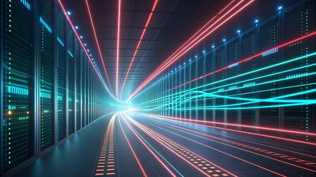 Cinematic Server Room Corridor with Neon Lighting and Data Center Equipment, Futuristic Isometric Visualization