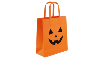 Orange Halloween trick or treat bag PNG isolated on transparent background, jack-o -lantern design for holiday celebration and candy collection