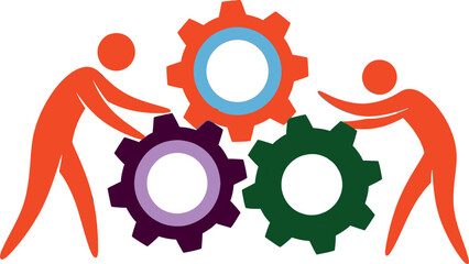 Two people working together with colorful gear mechanisms