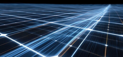 Abstract digital grid with glowing blue lines receding into darkness