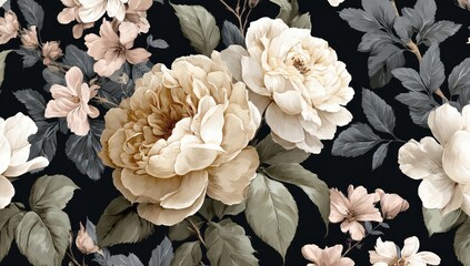 Floral watercolor pattern with pale roses, smaller flowers, and leaves against a dark backdrop