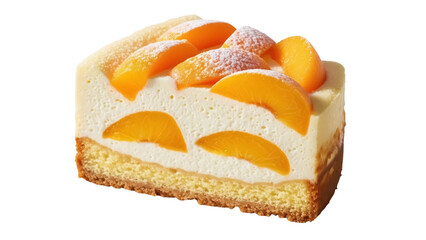 Delicious peach cheesecake slice isolated PNG on transparent background, creamy dessert with fresh fruit topping for patisserie and food design