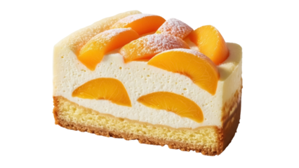 Delicious peach cheesecake slice isolated PNG on transparent background, creamy dessert with fresh fruit topping for patisserie and food design