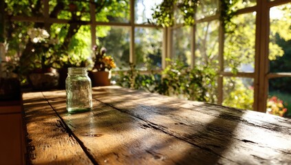 Sunlit wooden table in a conservatory with plants and a glass jar