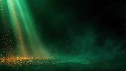Emerald green light beams illuminate a dark space filled with shimmering golden particles