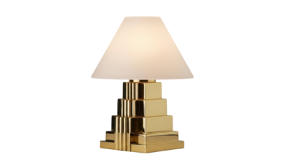 Elegant gold table lamp with geometric base isolated PNG, modern lighting fixture for interior design and home decor