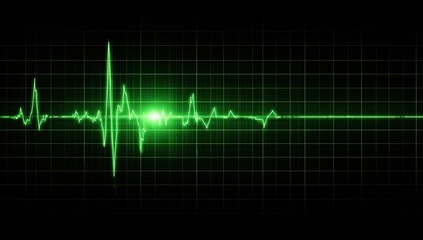 Vivid green waveform against a black backdrop resembling a medical heart monitor display