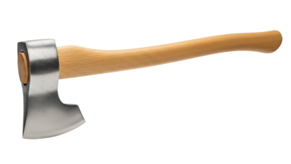 Hand axe PNG isolated on transparent background, camping tool with wooden handle and steel head for chopping wood and outdoor activities
