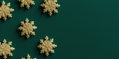 Detailed golden snowflakes rest evenly spaced on deep rich green surface.