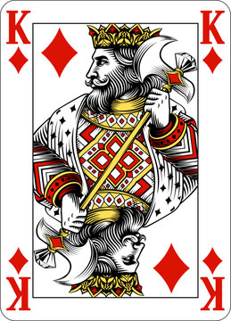 King of Diamonds design from a new original deck of playing cards. Four pip left handed version with identifier in all four corners.