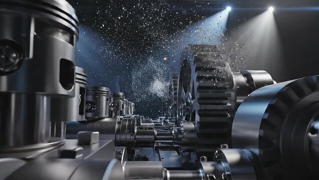 Engine parts with pistons and gears.