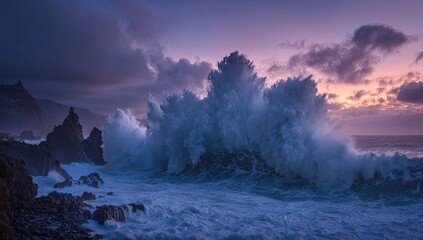 Dramatic shot of a large wave crashing onto a rocky shore under a cloudy sunset sky