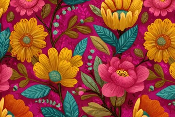 A vibrant, colorful floral pattern featuring bright yellow and pink flowers with green foliage on a magenta background