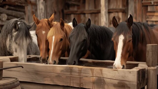 Group of farm horses standing side by side at a wooden water trough, showing rural care routine and calm everyday life on a countryside farm