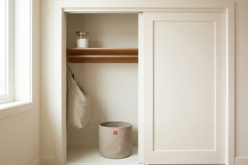 Organized closet with sliding door, fabric basket, tote bag, and wooden shelf