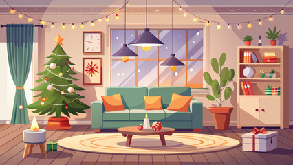 Obraz premium Modern living room with minimalist Christmas decorations, elegant tree, soft lighting, neutral colors, and stylish furniture creating a calm festive interior