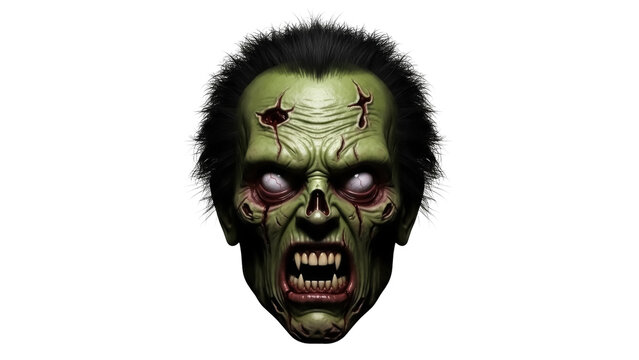 Creepy zombie head isolated PNG on transparent background, scary undead monster with bloody wounds and sharp teeth for Halloween designs