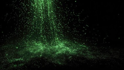 Green particles cascade and swirl across a dark background, creating an ethereal and dynamic display