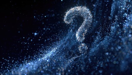 Glowing, particulate question mark floating in a dark, nebulous space