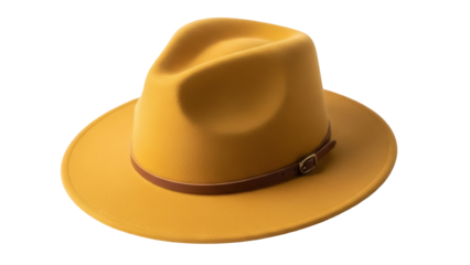 Stylish golden fedora hat isolated PNG, classic headwear with brown leather band on transparent background for fashion and design projects