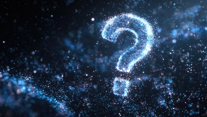 Glowing question mark formed from tiny particles against a dark, starry, abstract background