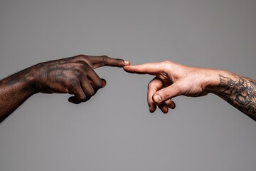 Two hands, one dark-skinned and tattooed, the other fair-skinned and tattooed, touching fingertips