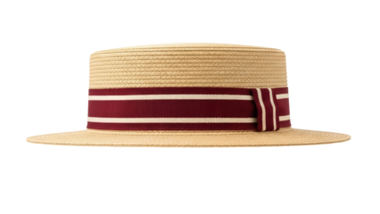 Boater hat isolated PNG on transparent background, classic straw hat with maroon and white striped ribbon for summer fashion