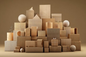 A diverse collection of stacked geometric and organic shapes, all crafted from light brown textured material