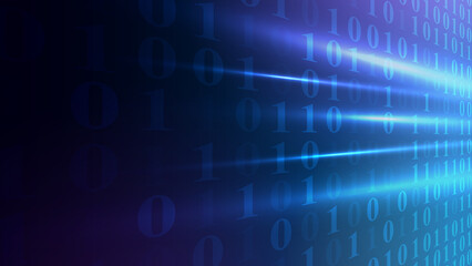 A vibrant digital background featuring binary code and light beams, symbolizing data and technological advancement.